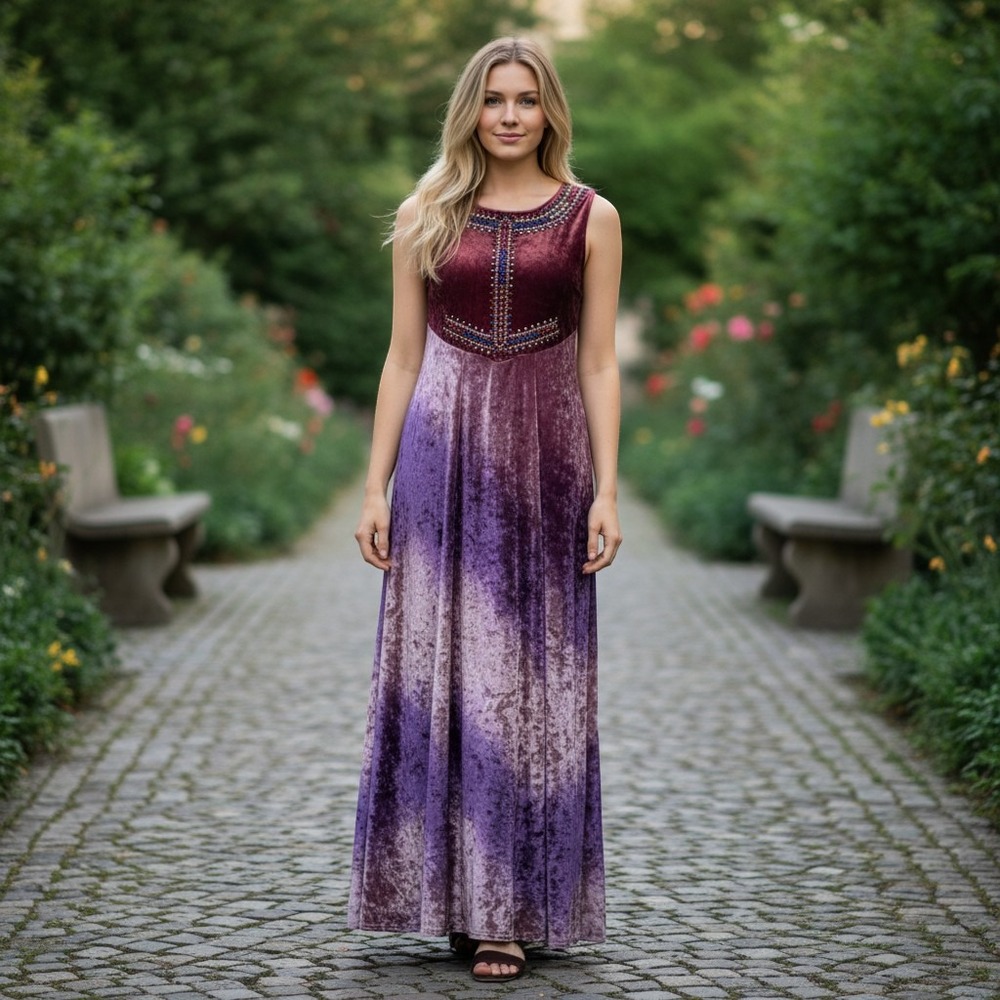 Free People Velvet Ombre Embroidered Maxi Dress Purple Burgundy XS